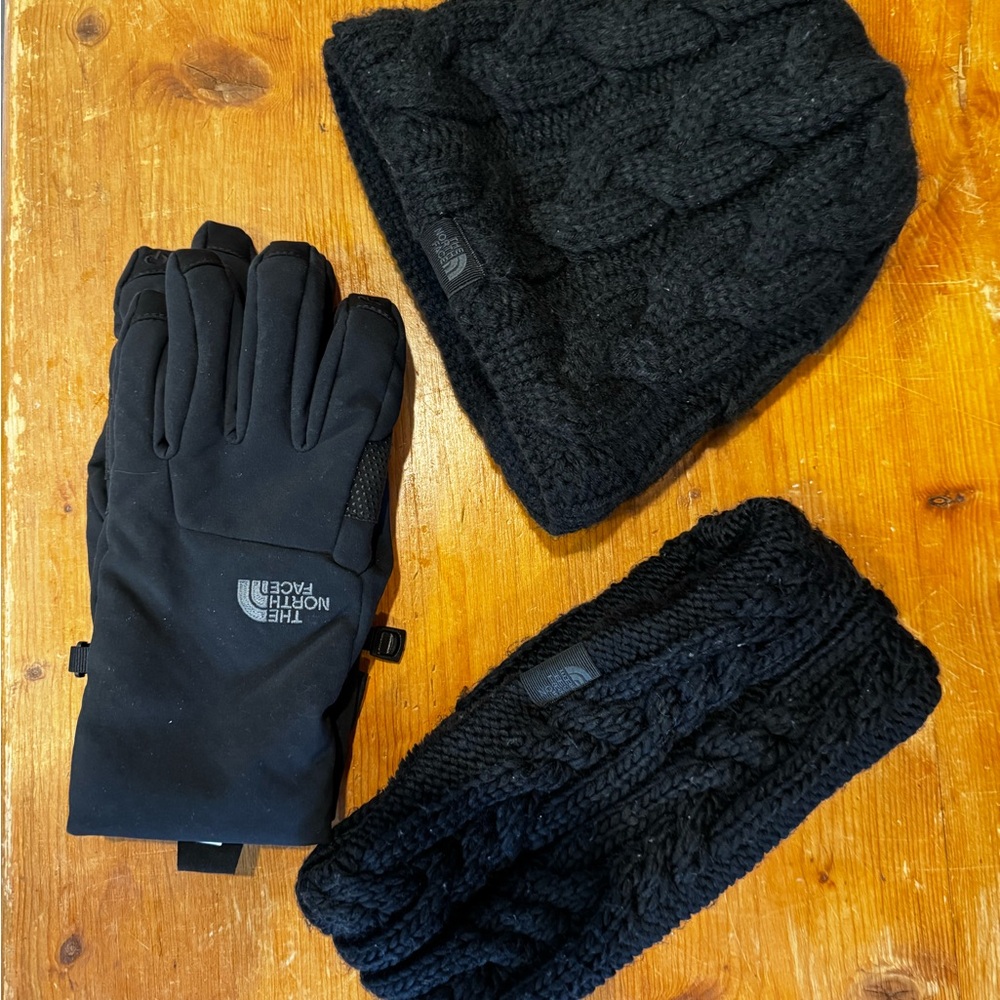 The North Face Black Knit Beanie, Gloves, and Headband Set